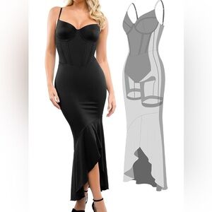 Black Mesh-Panel Maxi Dress with Corset Bodice
